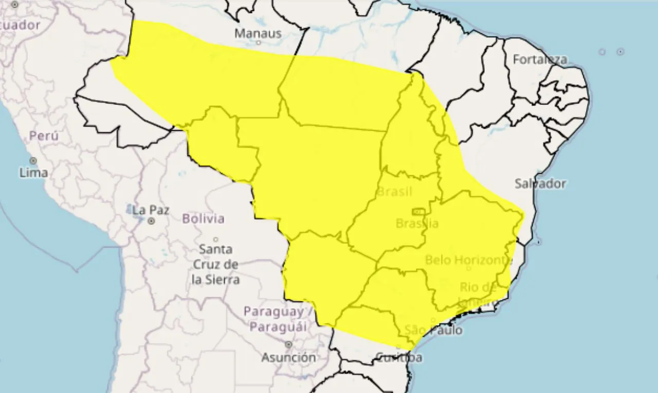 Trata-se de um alerta amarelo para grande parte do país onde ocorre chuvas intensas, ventania e possíveis raios